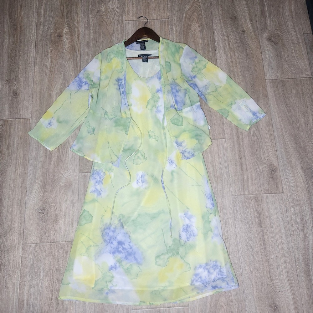 Mlle Gabrielle Women 10 Floral Watercolor Dress and Cardigan Set Green Blue 2pc